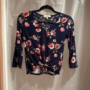 Wishful Park Navy Floral Tie Front Long Sleeved Shirt Size M